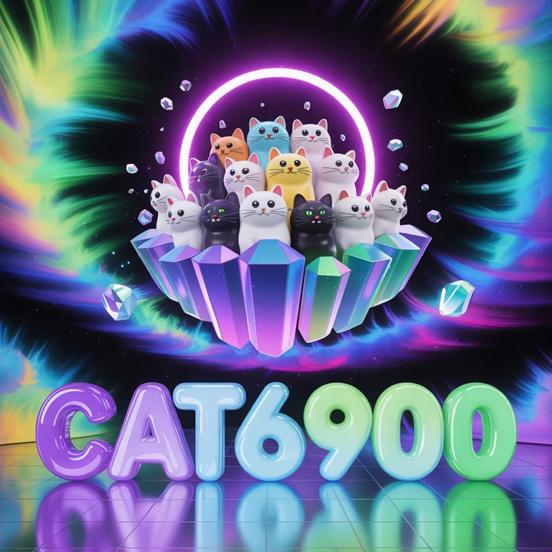 Twelve glossy toy cats stacked on a crystal pedestal under a neon ring, above glossy CAT6900 lettering