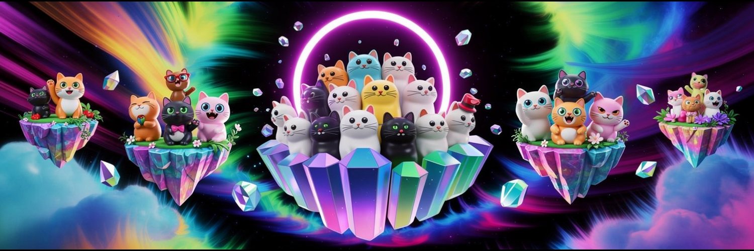 Wide group photo of the index cats on floating crystal islands in a neon sky