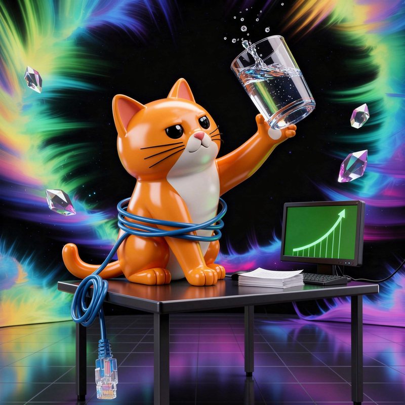 Orange toy cat wrapped in a blue ethernet cable tossing a glass of water off a desk next to a monitor